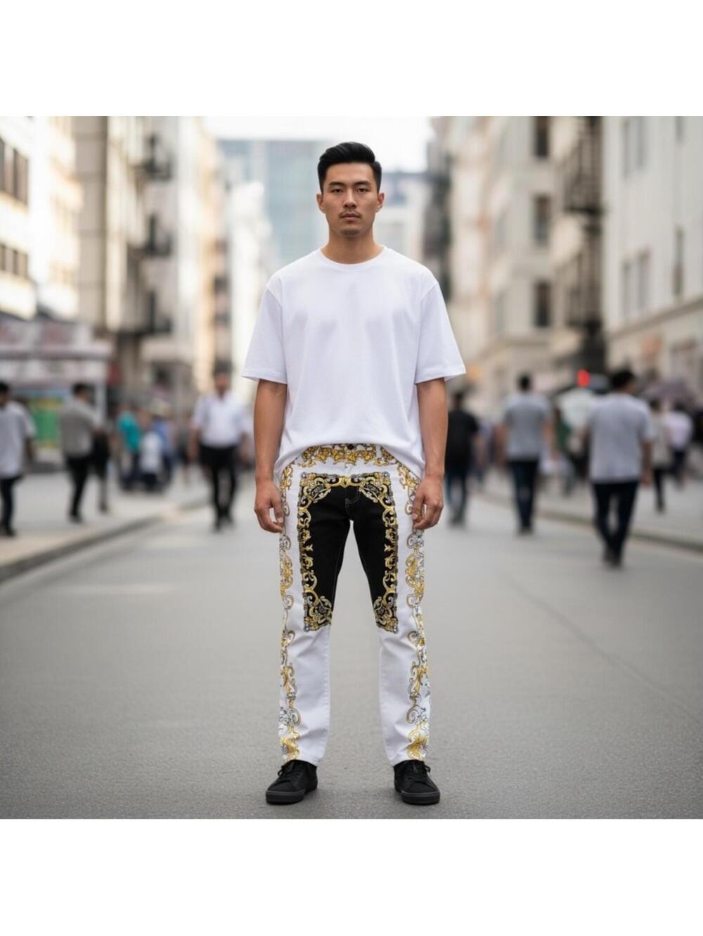 Fashion Jeans Men's Gold Baroque Print Slim Fit Jeans NWT